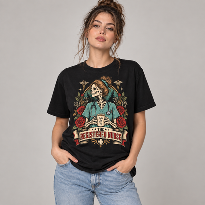 Registered Nurse Skeleton Coffee Rose Custom Name Medical Gift Unisex T-Shirt