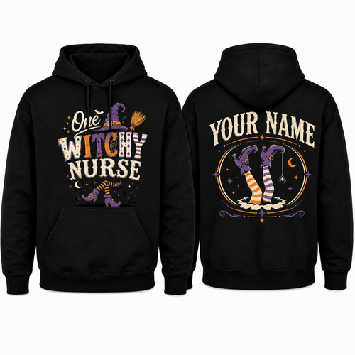 Witchy Nurse Halloween Personalized Hoodie for Women Custom Name Spooky Top