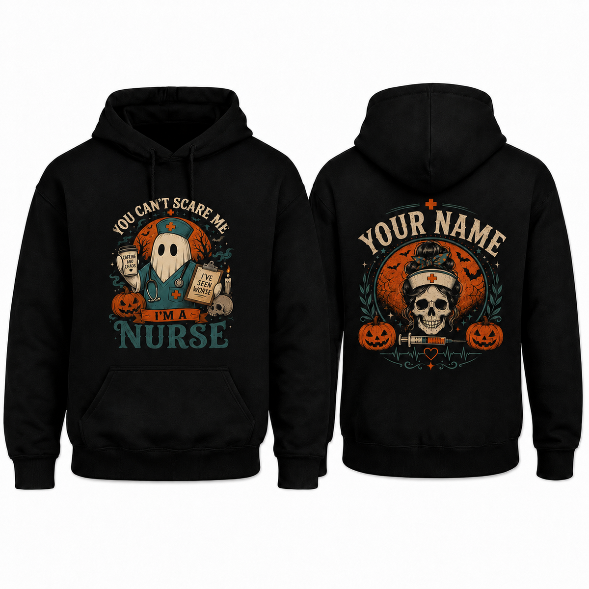 Personalized Nurse Halloween Hoodie | Custom Name Spooky Nurse Ghost Skeleton