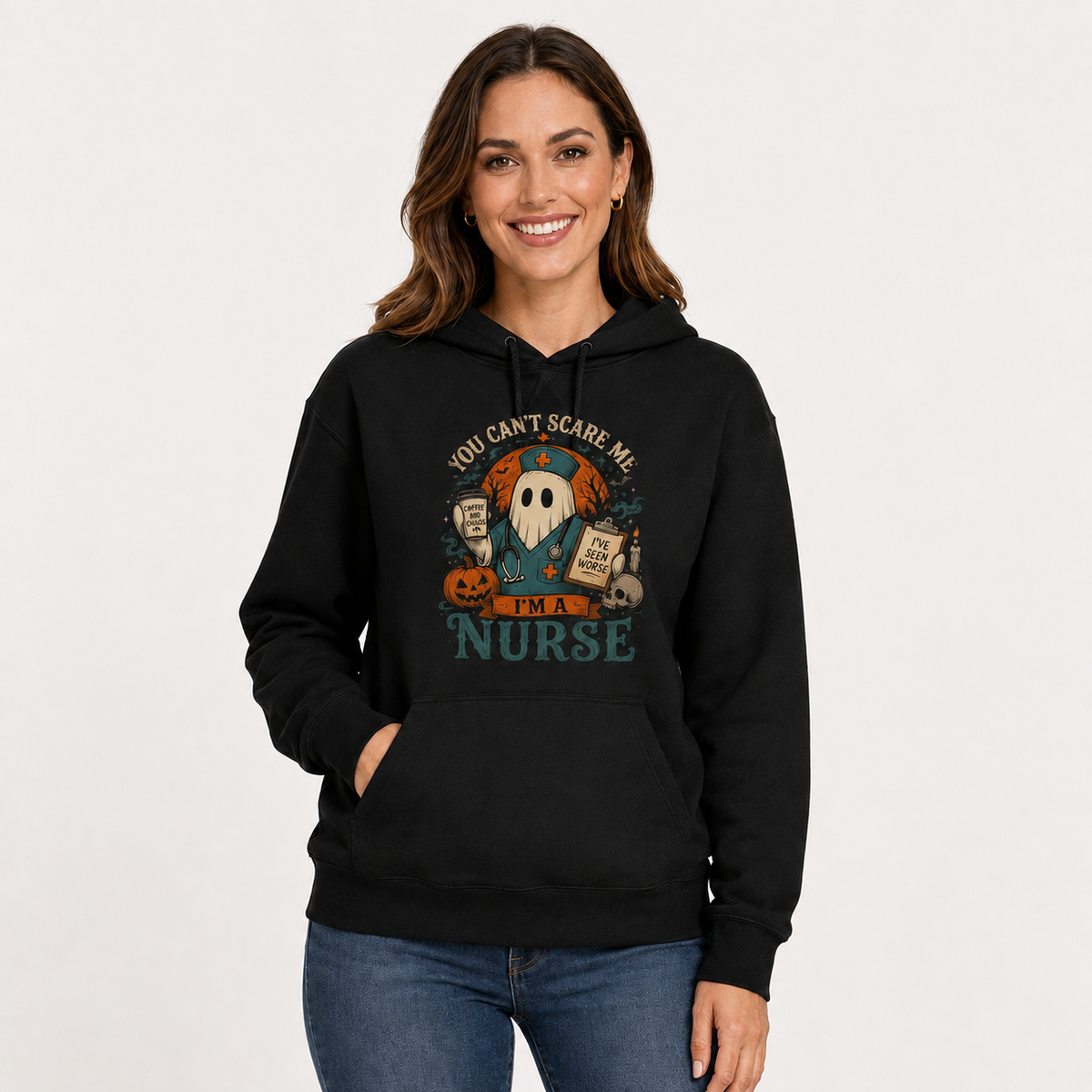 Personalized Nurse Halloween Hoodie | Custom Name Spooky Nurse Ghost Skeleton