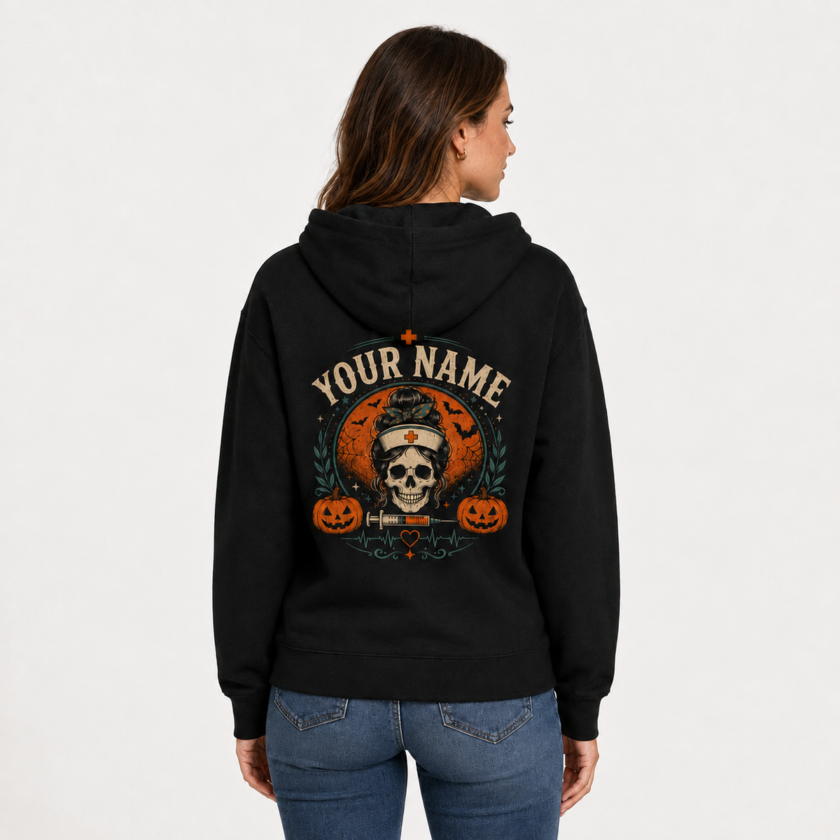 Personalized Nurse Halloween Hoodie | Custom Name Spooky Nurse Ghost Skeleton