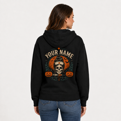 Personalized Nurse Halloween Hoodie | Custom Name Spooky Nurse Ghost Skeleton