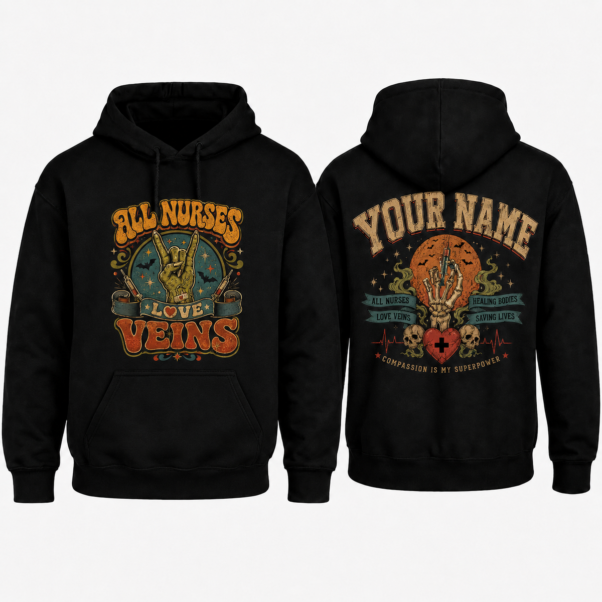 Personalized Nurse Hoodie, All Nurses Love Veins, Skeleton Graphic