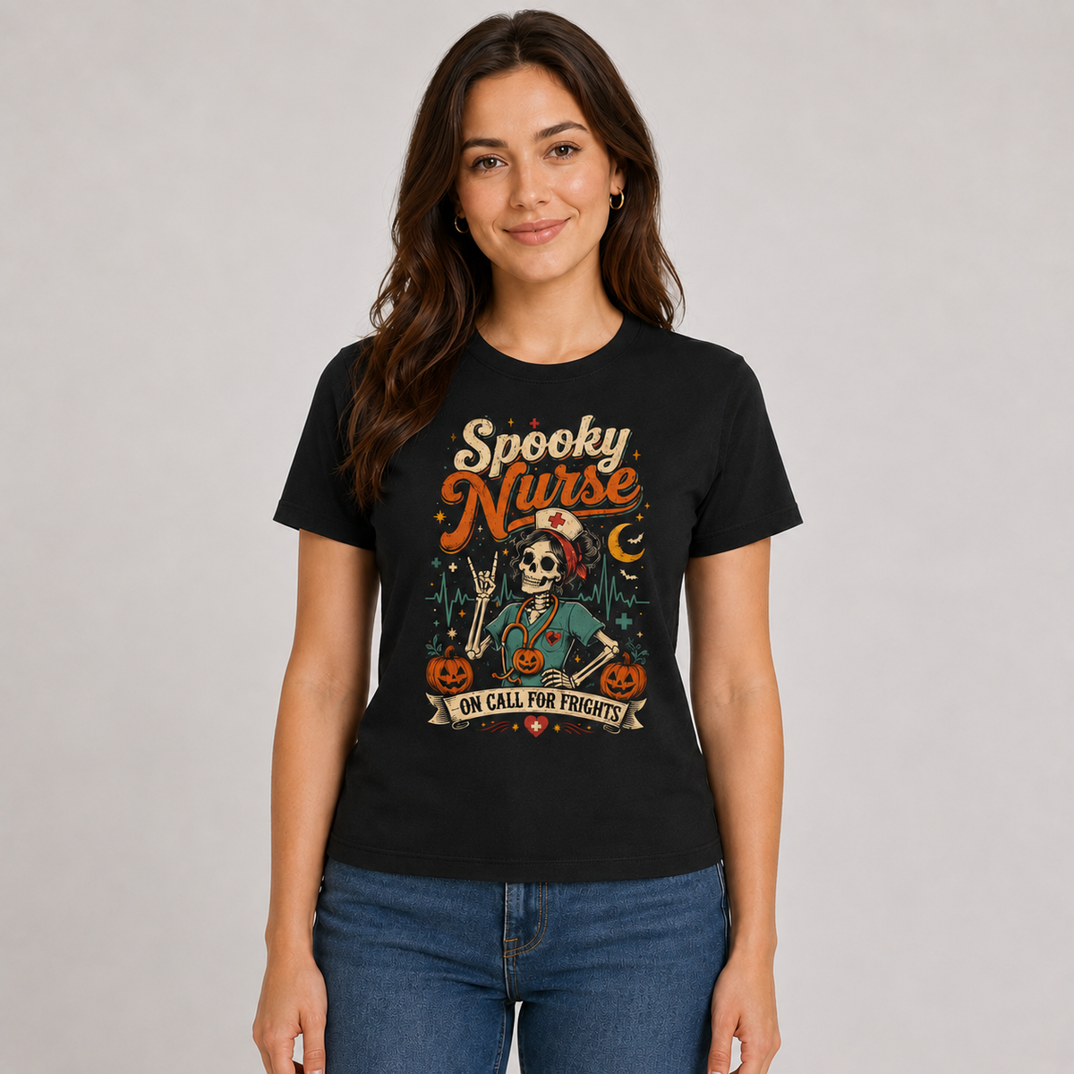 Spooky Nurse Halloween Shirt Skeleton Pumpkin Stethoscope Custom Name