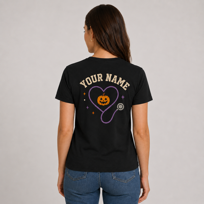 Spooky Nurse Halloween Shirt Skeleton Pumpkin Stethoscope Custom Name
