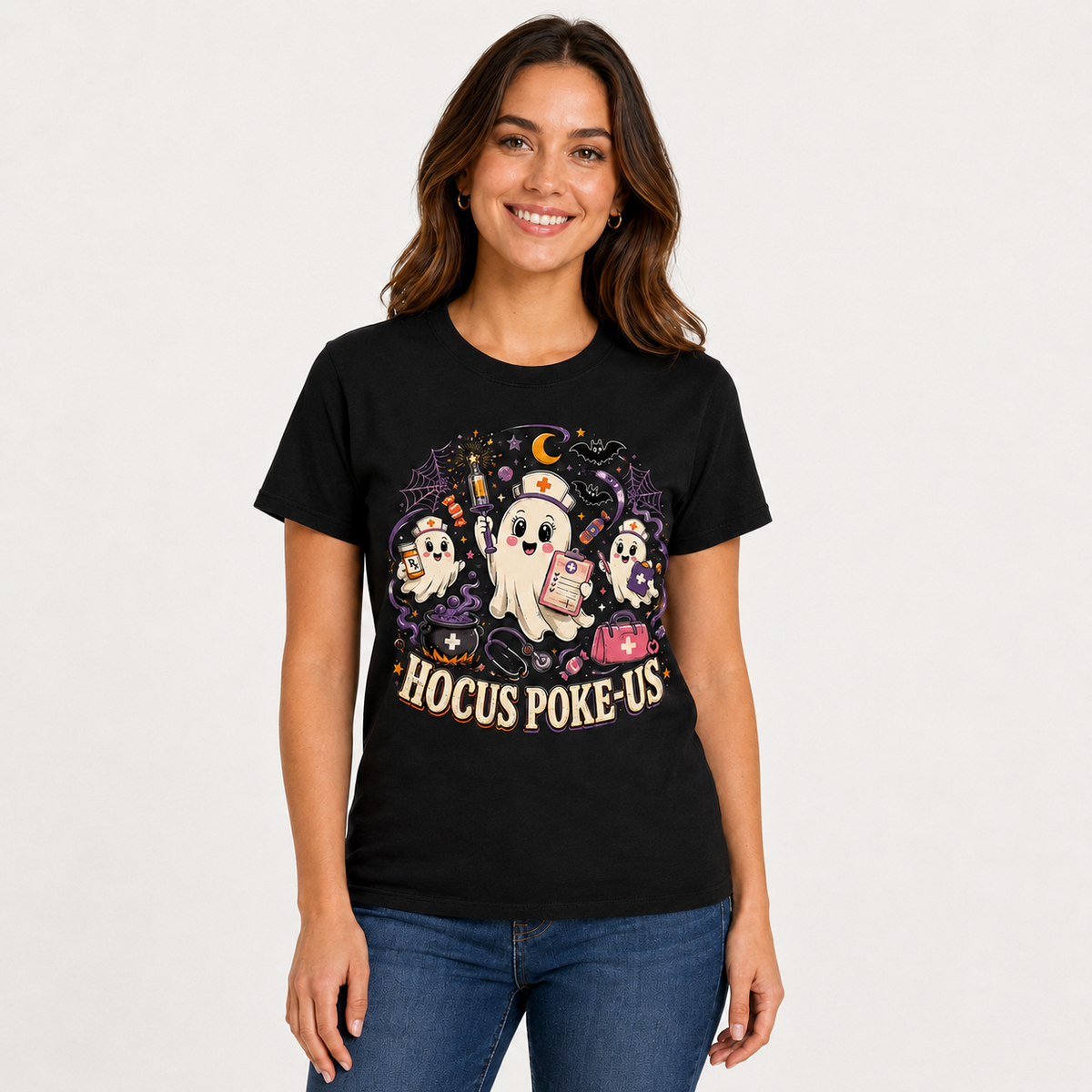 Custom Nurse Ghost Halloween T-Shirt for Women with Hocus Poke Us Print