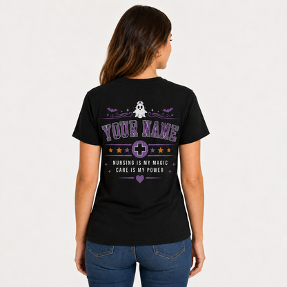 Custom Nurse Ghost Halloween T-Shirt for Women with Hocus Poke Us Print