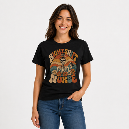 Night Shift Nurse Custom Shirt Retro Skeleton Floral Coffee Graphic Tee