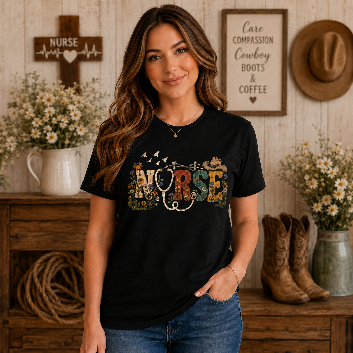 Custom Nurse Western Shirt Country Floral Stethoscope Cowboy Hat T Shirt