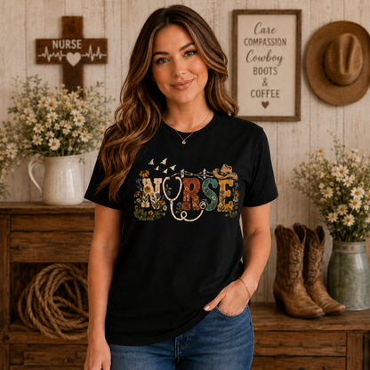 Custom Nurse Western Shirt Country Floral Stethoscope Cowboy Hat T Shirt