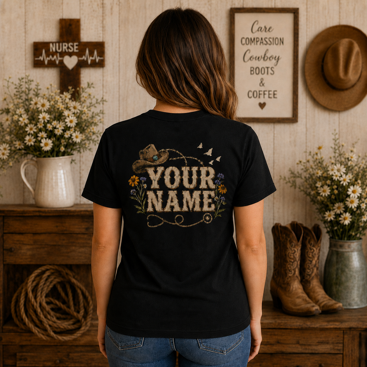 Custom Nurse Western Shirt Country Floral Stethoscope Cowboy Hat T Shirt