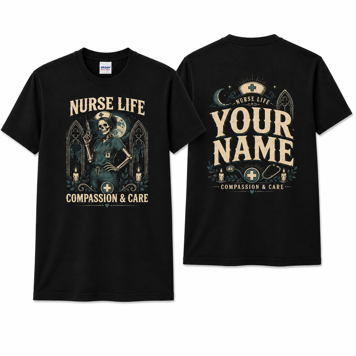 Nurse Life Skeleton Shirt Personalized Compassion and Care Gothic Nurse Tee