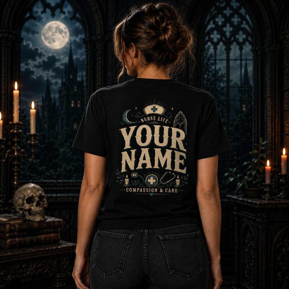 Nurse Life Skeleton Shirt Personalized Compassion and Care Gothic Nurse Tee