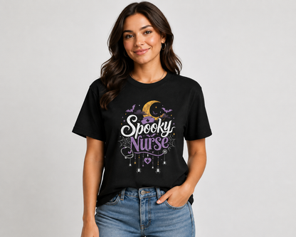 Spooky Nurse Custom Name Halloween Shirt for Women with Moon and Spider Web