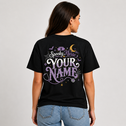 Spooky Nurse Custom Name Halloween Shirt for Women with Moon and Spider Web