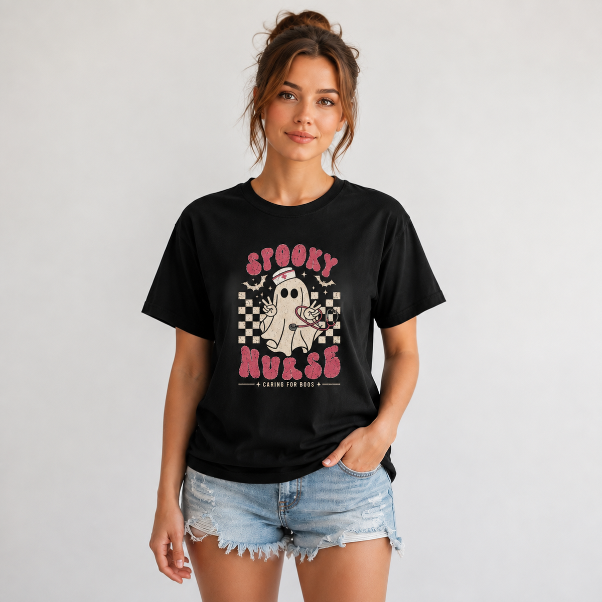 Custom Spooky Nurse Ghost Shirt Personalized Halloween Caring for Boos Tee