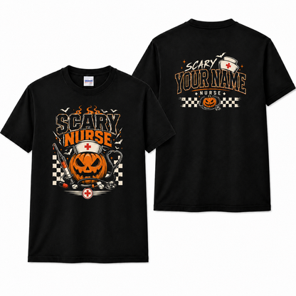 Scary Nurse Halloween Pumpkin Shirt Custom Name Syringe Stethoscope Graphic