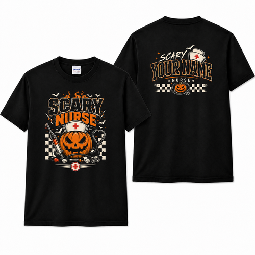 Scary Nurse Halloween Pumpkin Shirt Custom Name Syringe Stethoscope Graphic