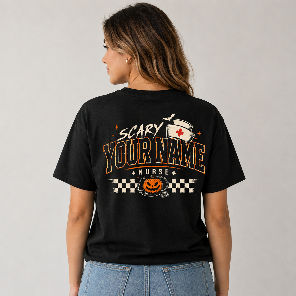 Scary Nurse Halloween Pumpkin Shirt Custom Name Syringe Stethoscope Graphic