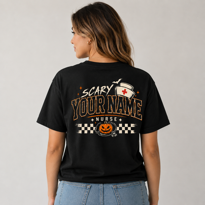 Scary Nurse Halloween Pumpkin Shirt Custom Name Syringe Stethoscope Graphic