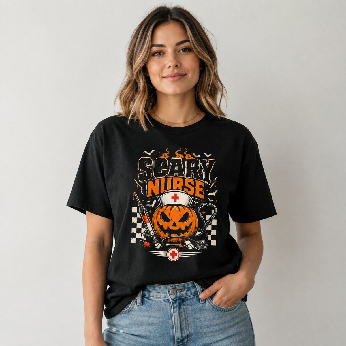 Scary Nurse Halloween Pumpkin Shirt Custom Name Syringe Stethoscope Graphic