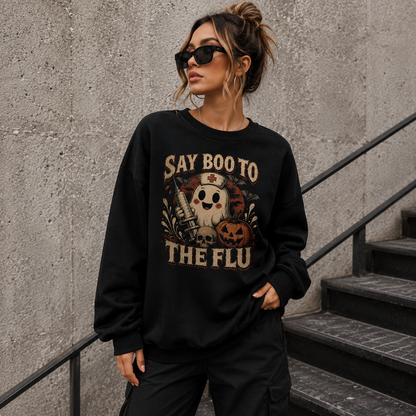 Nurse Ghost Say Boo to the Flu Halloween Sweatshirt Custom Name Pumpkin