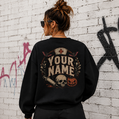 Nurse Ghost Say Boo to the Flu Halloween Sweatshirt Custom Name Pumpkin