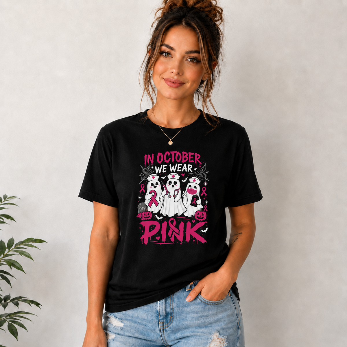 In October We Wear Pink Custom Nurse Ghost Halloween T Shirt