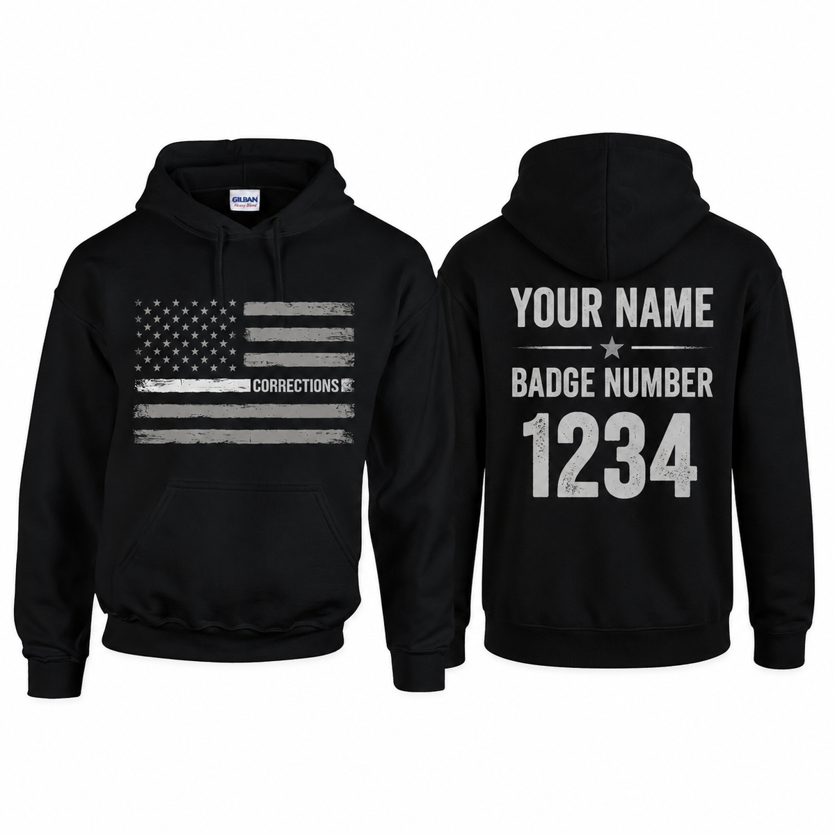 Custom Name Corrections - Thin Silver Line Flag for Correctional Officer Hoodie