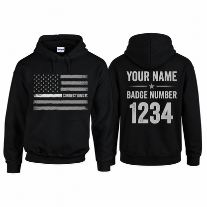 Custom Name Corrections - Thin Silver Line Flag for Correctional Officer Hoodie