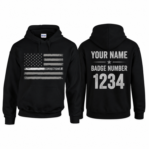 Custom Name Corrections - Thin Silver Line Flag for Correctional Officer Hoodie