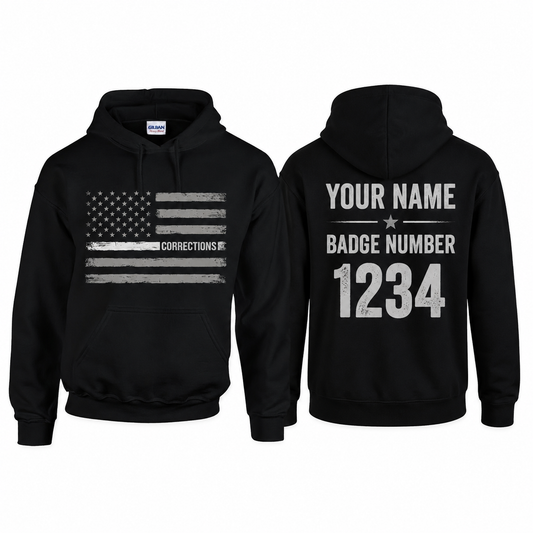 Custom Name Corrections - Thin Silver Line Flag for Correctional Officer Hoodie
