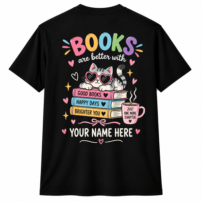 Custom Read More Books Cat Teacher T-Shirt Personalized Name Book Lover Gift