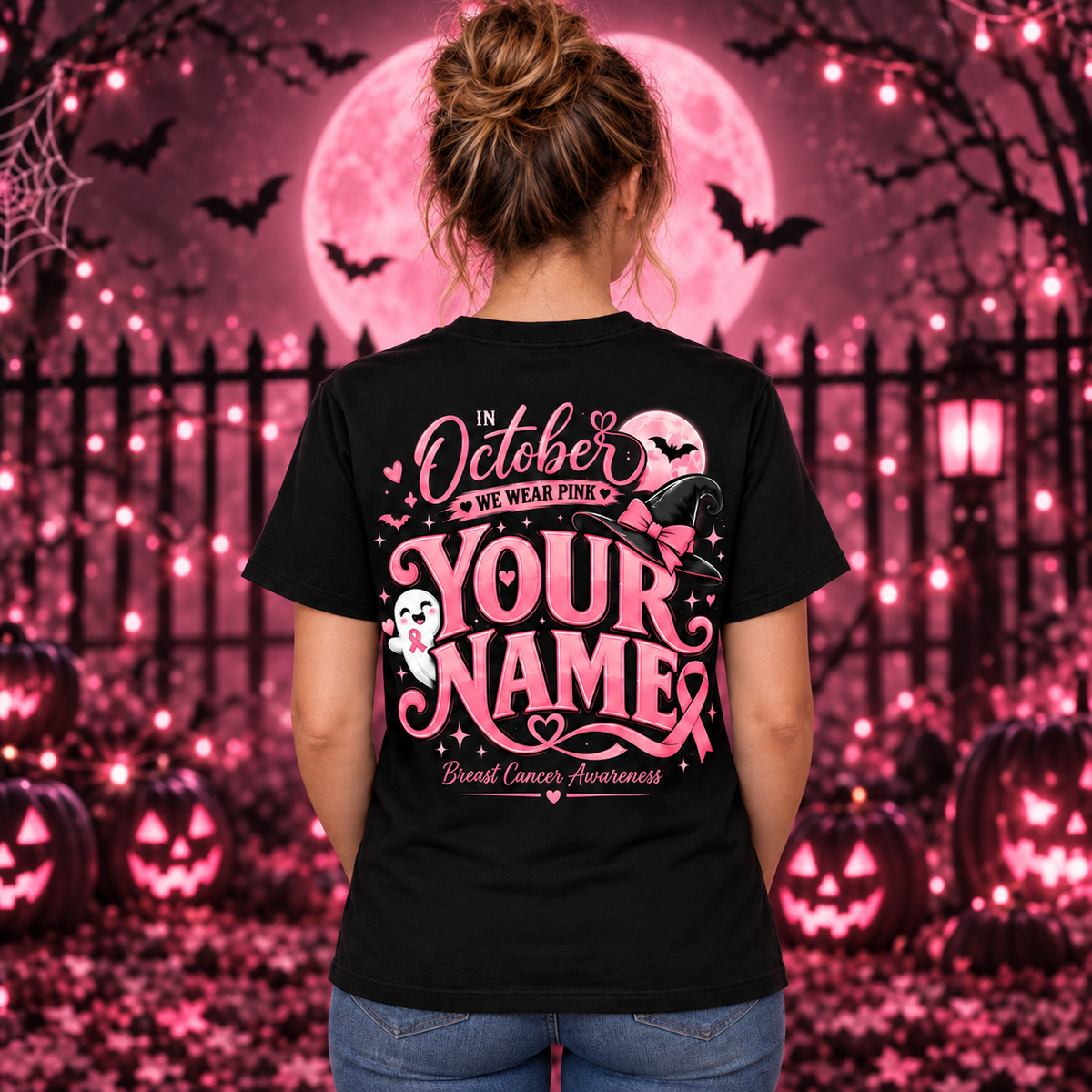 Custom Breast Cancer Awareness Shirt in October we Wear Pink Ghost Witch