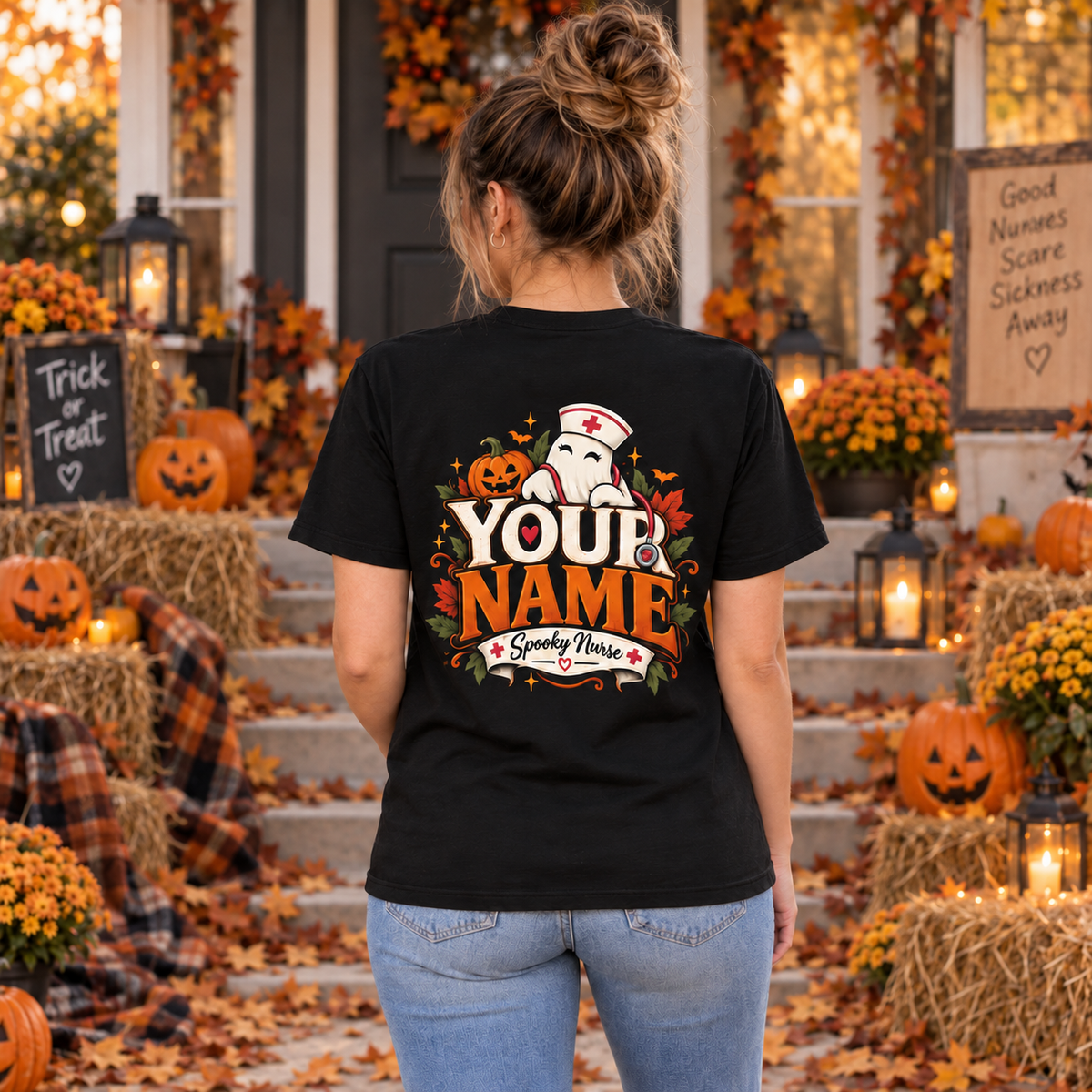 Custom Spooky Nurse Halloween Shirt with Cute Ghost Pumpkin and Medical Kit