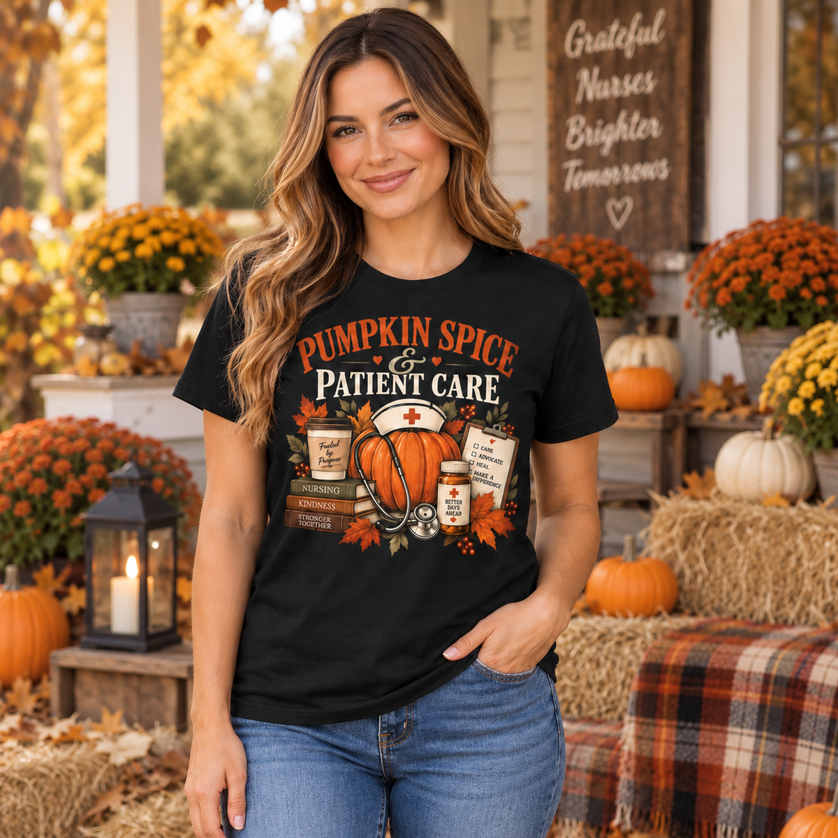 Custom Nurse Fall Shirt with Pumpkin Spice Patient Care and Stethoscope Gift