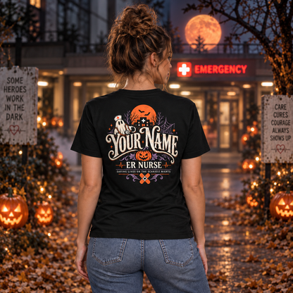 Custom ER Nurse Halloween Ghost Shirt with Pumpkin and Medical Caduceus Gift