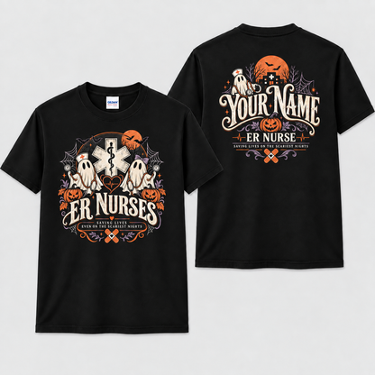 Custom ER Nurse Halloween Ghost Shirt with Pumpkin and Medical Caduceus Gift