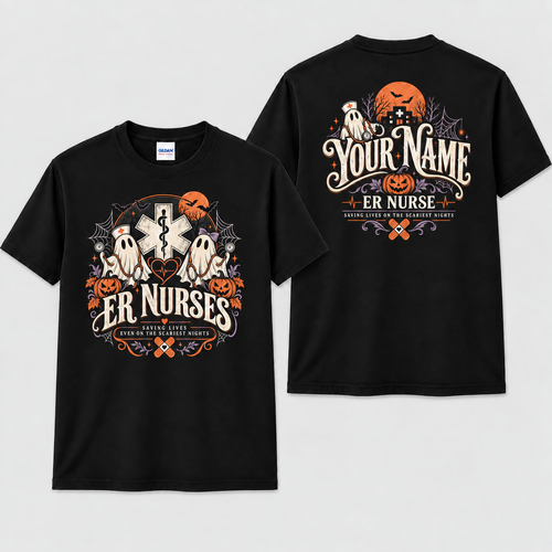 Custom ER Nurse Halloween Ghost Shirt with Pumpkin and Medical Caduceus Gift