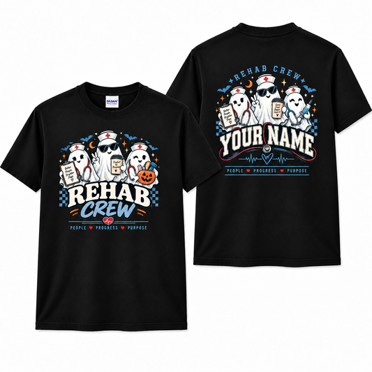 Custom Rehab Crew Halloween Shirt with Ghost Stethoscope Pumpkin Graphic Tee