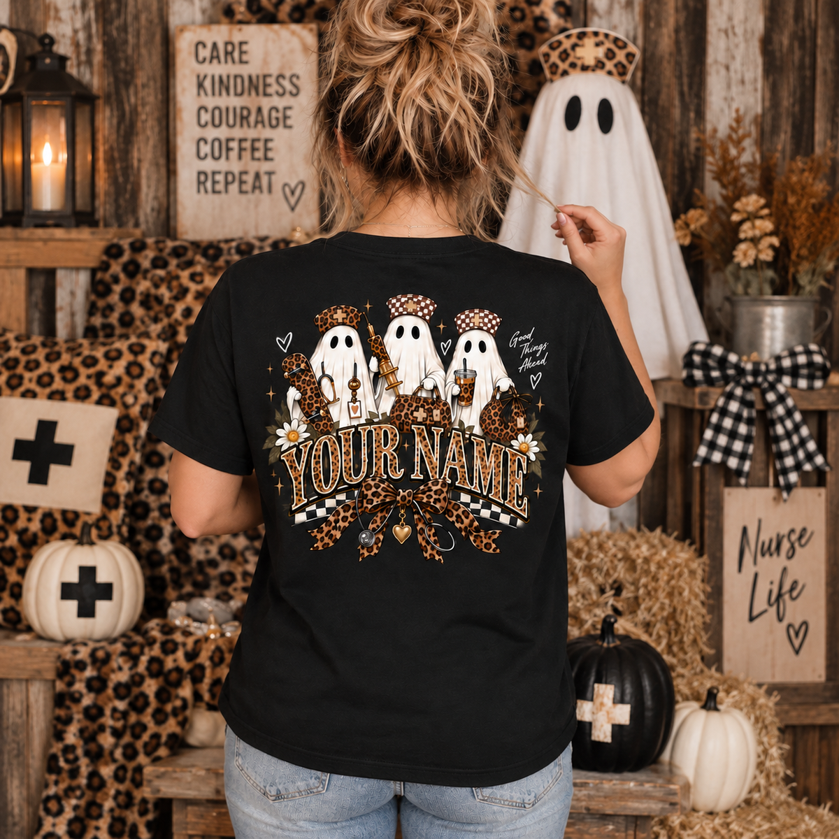 Custom Nurse Halloween Shirt with Ghost Syringe and Leopard Checkerboard Tee