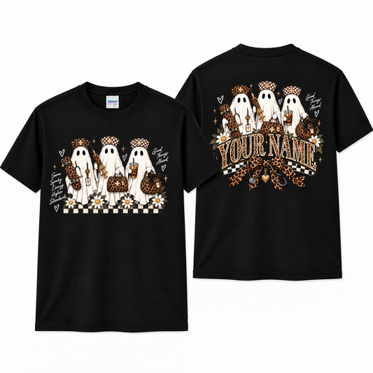 Custom Nurse Halloween Shirt with Ghost Syringe and Leopard Checkerboard Tee