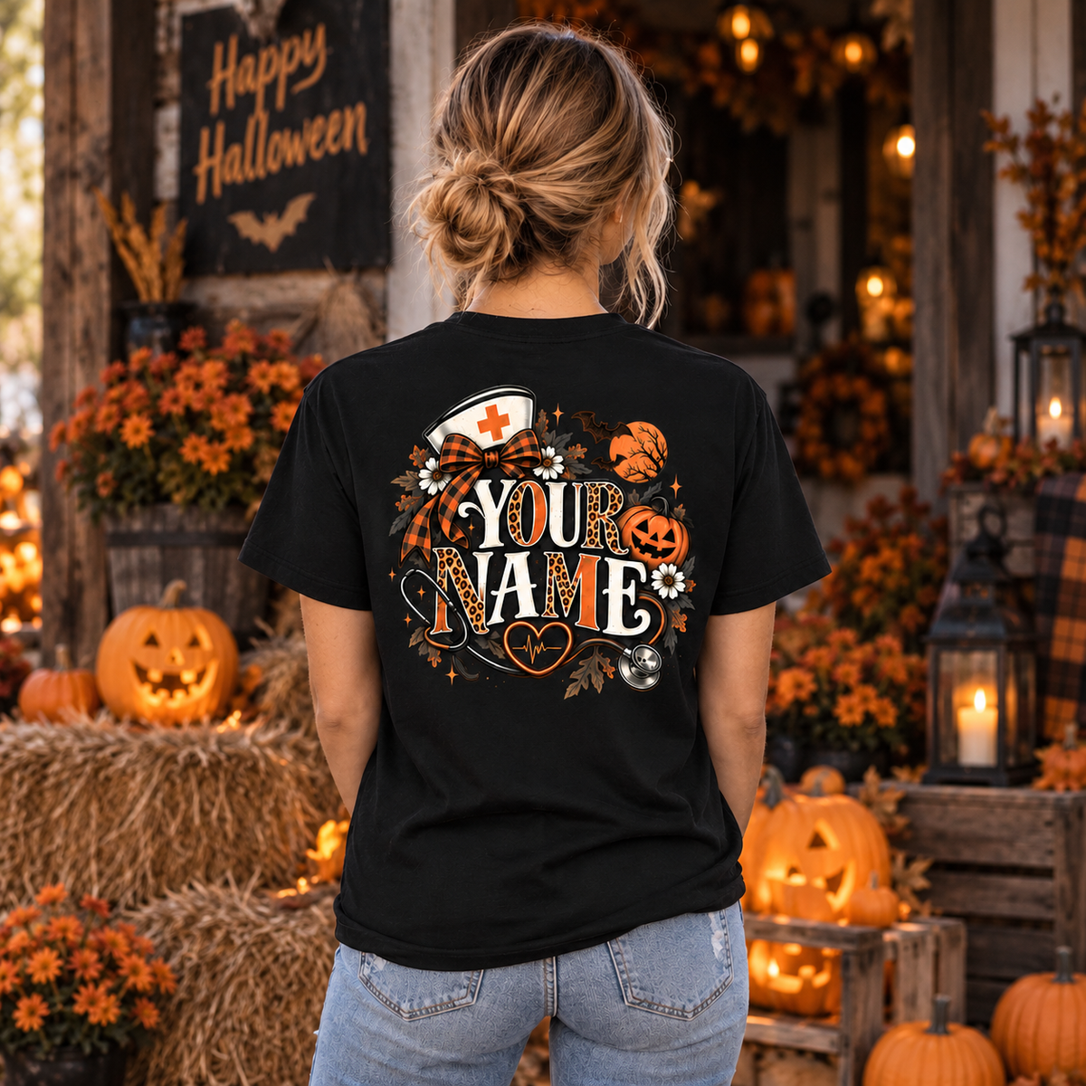Custom Nurse Halloween Shirt with Stethoscope Leopard Pumpkin Bow Tee