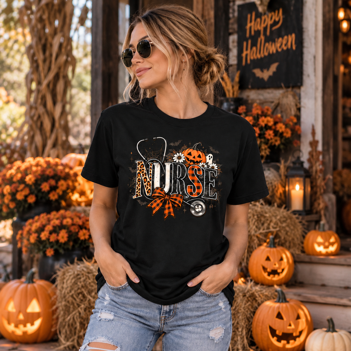 Custom Nurse Halloween Shirt with Stethoscope Leopard Pumpkin Bow Tee