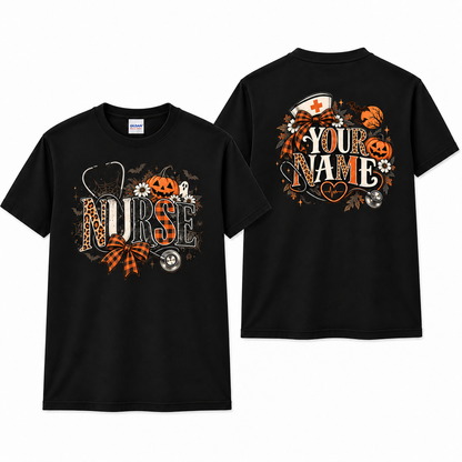 Custom Nurse Halloween Shirt with Stethoscope Leopard Pumpkin Bow Tee