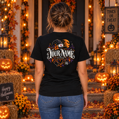 Custom Nurse Halloween Shirt with Pumpkin Ghost Witch Hat Stethoscope Design