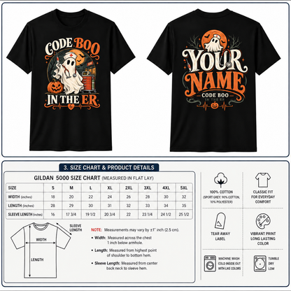 Custom Name Nurse Ghost Halloween Cute Retro Graphic Tee Code Boo in the ER