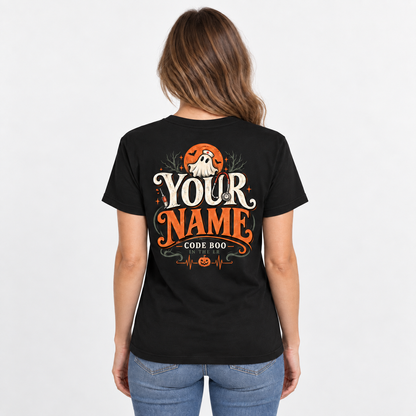 Custom Name Nurse Ghost Halloween Cute Retro Graphic Tee Code Boo in the ER