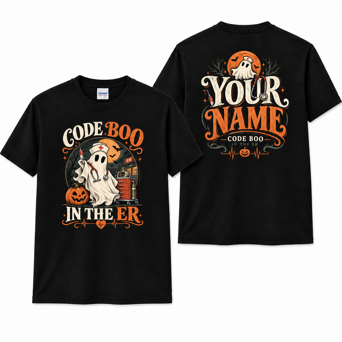 Custom Name Nurse Ghost Halloween Cute Retro Graphic Tee Code Boo in the ER