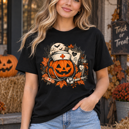 Personalized Nurse Halloween Shirt with Stethoscope Pumpkin and Custom Name